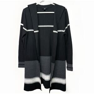 Alex Open Front Hip Length Cardigan Style Sweater, Black/Gray/White, Size S